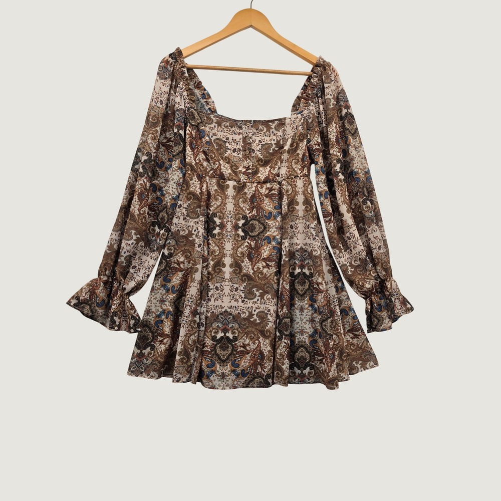 Flying Tomato Paisley Babydoll Top Small Boho Bell Sleeve Smocked Blouse Brown
